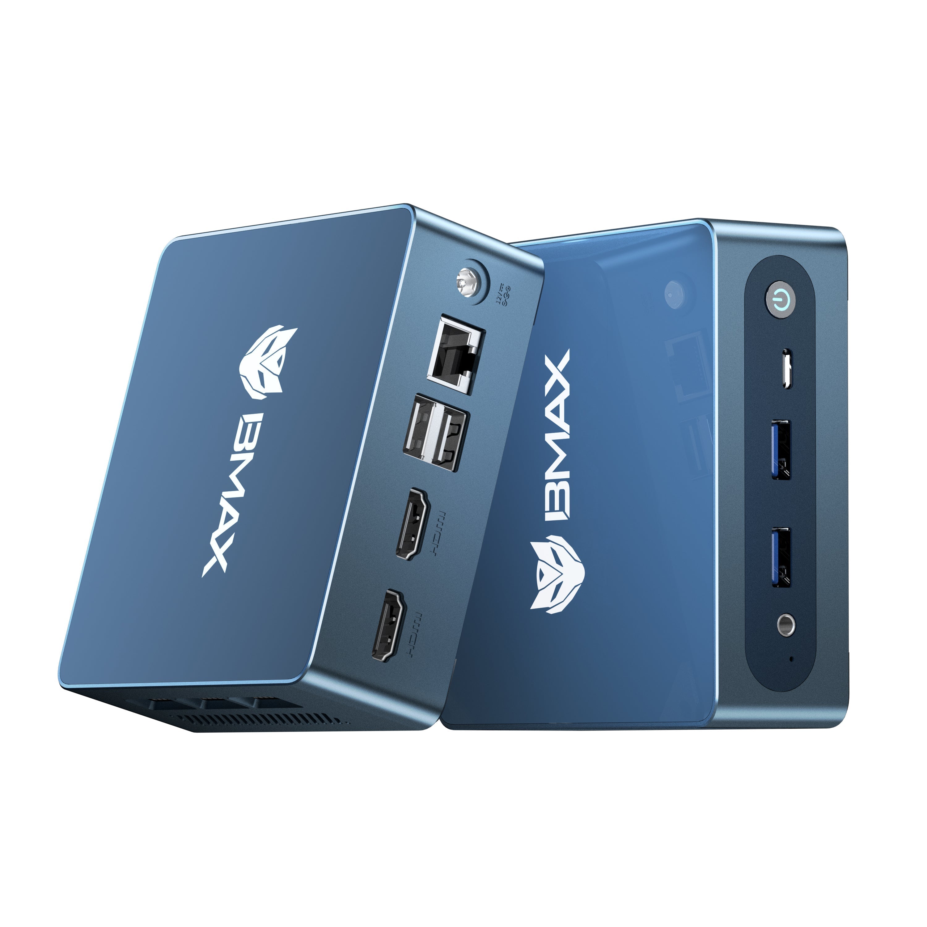 BMAX B4 Ultra mini PC showing compact metal design and multiple ports including USB, HDMI, Ethernet, and Type-C