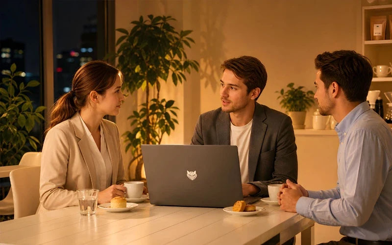 BMAX laptop use case for business collaboration and teamwork, showing colleagues discussing projects around a table with a sleek notebook open.