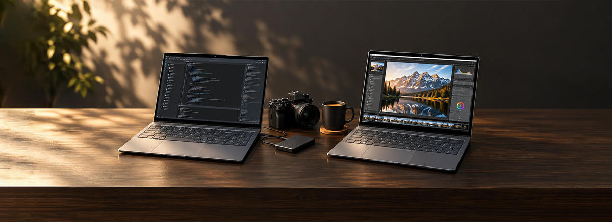 BMAX laptop use case for business collaboration and teamwork, showing colleagues discussing projects around a table with a sleek notebook open.