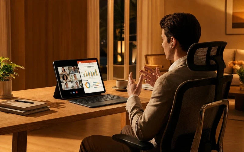 BMAX tablet use case for remote work and online video conferencing, showing a professional using split-screen multitasking with a keyboard setup.
