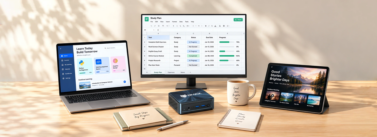 BMAX tablet use case for remote work and online video conferencing, showing a professional using split-screen multitasking with a keyboard setup.