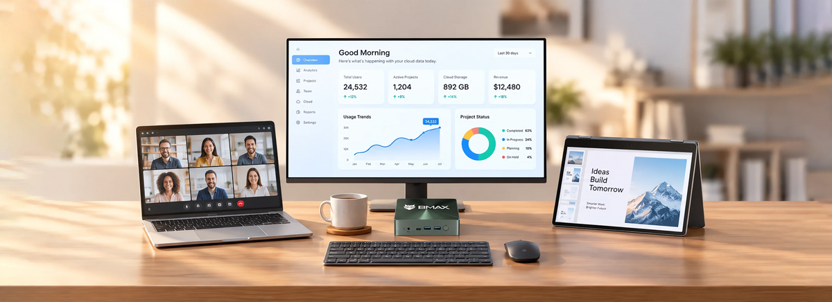 BMAX laptop use case for business collaboration and teamwork, showing colleagues discussing projects around a table with a sleek notebook open.