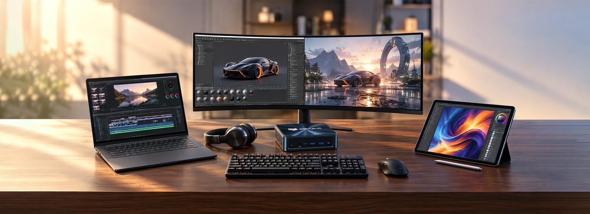 BMAX mini PC use case for PC gaming, featuring a gamer with headphones playing an FPS game with a compact desktop mini computer.