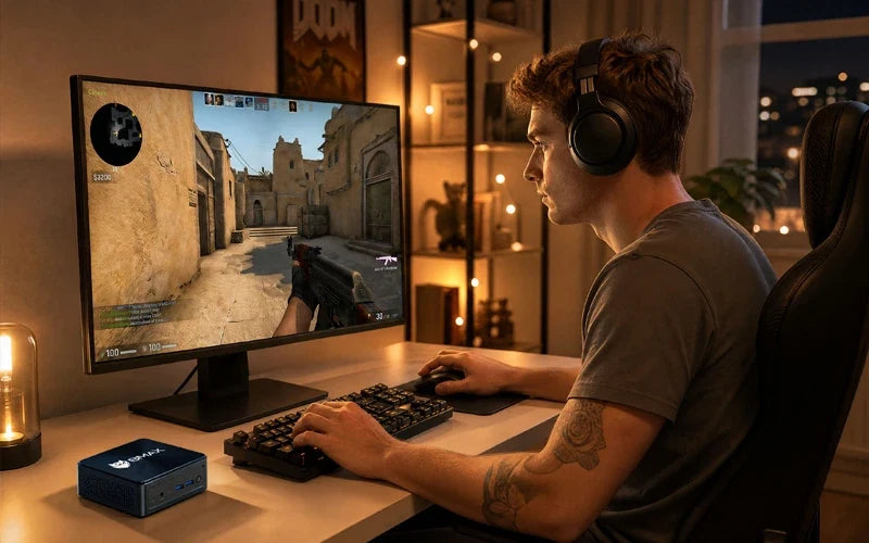 BMAX mini PC use case for PC gaming, featuring a gamer with headphones playing an FPS game with a compact desktop mini computer.