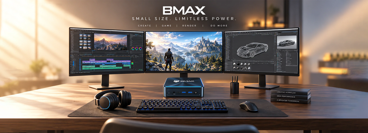 BMAX mini PC use case for PC gaming, featuring a gamer with headphones playing an FPS game with a compact desktop mini computer.