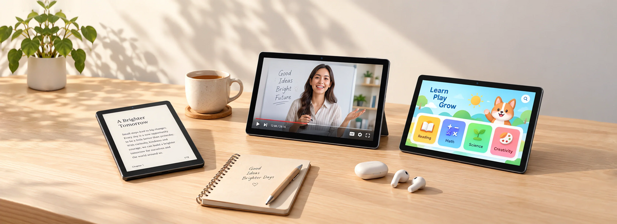 BMAX tablet use case for remote work and online video conferencing, showing a professional using split-screen multitasking with a keyboard setup.