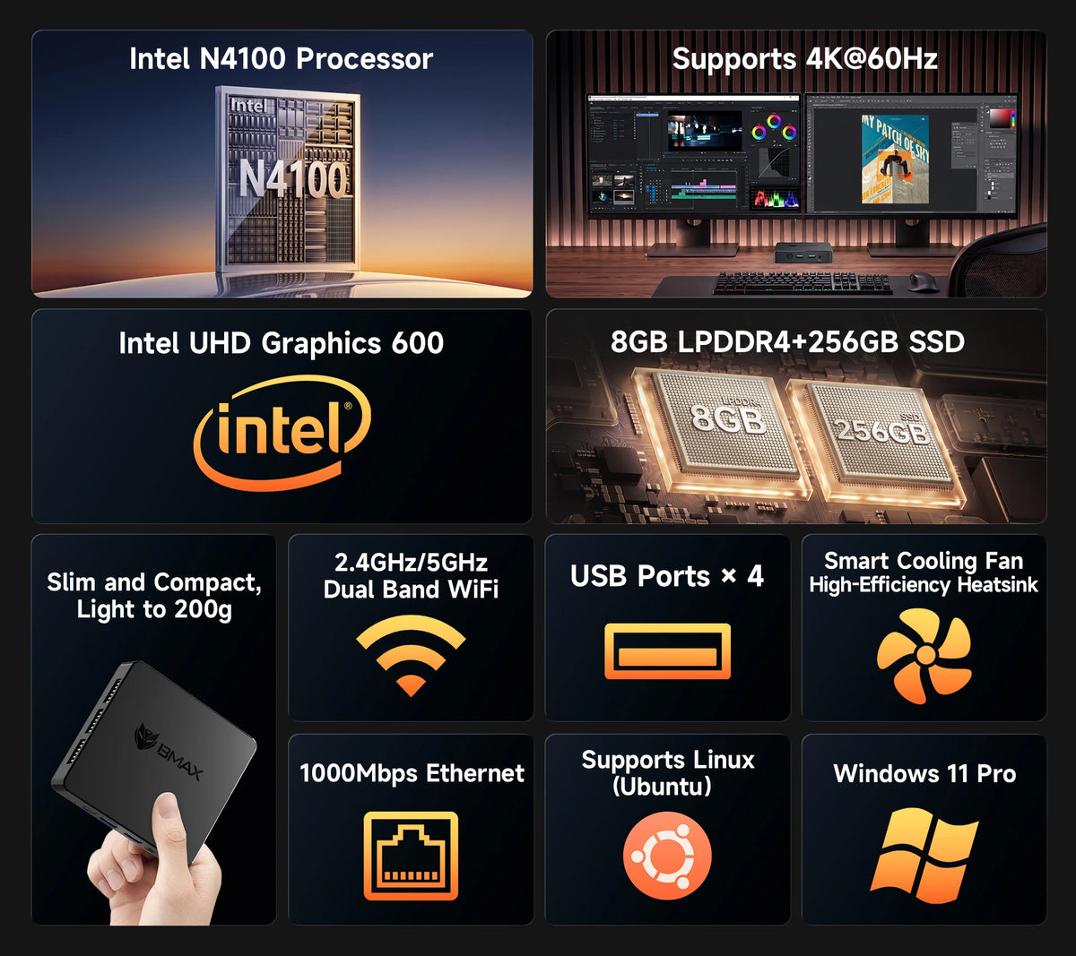 BMAX B3 Mini Mini PC | Intel Celeron N4100 Mini Computer with 8GB RAM and 256GB SSD A+