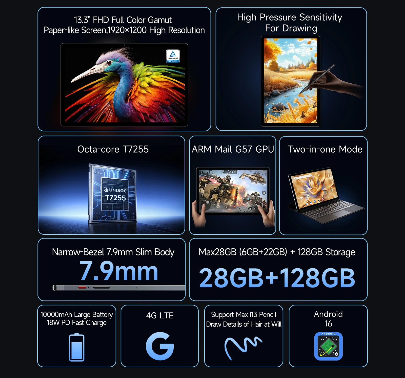 BMAX I13 Tablet | 13.3-Inch Android 16 4G LTE Tablet PC with T7255 Octa-Core Processor - A+ Image 2