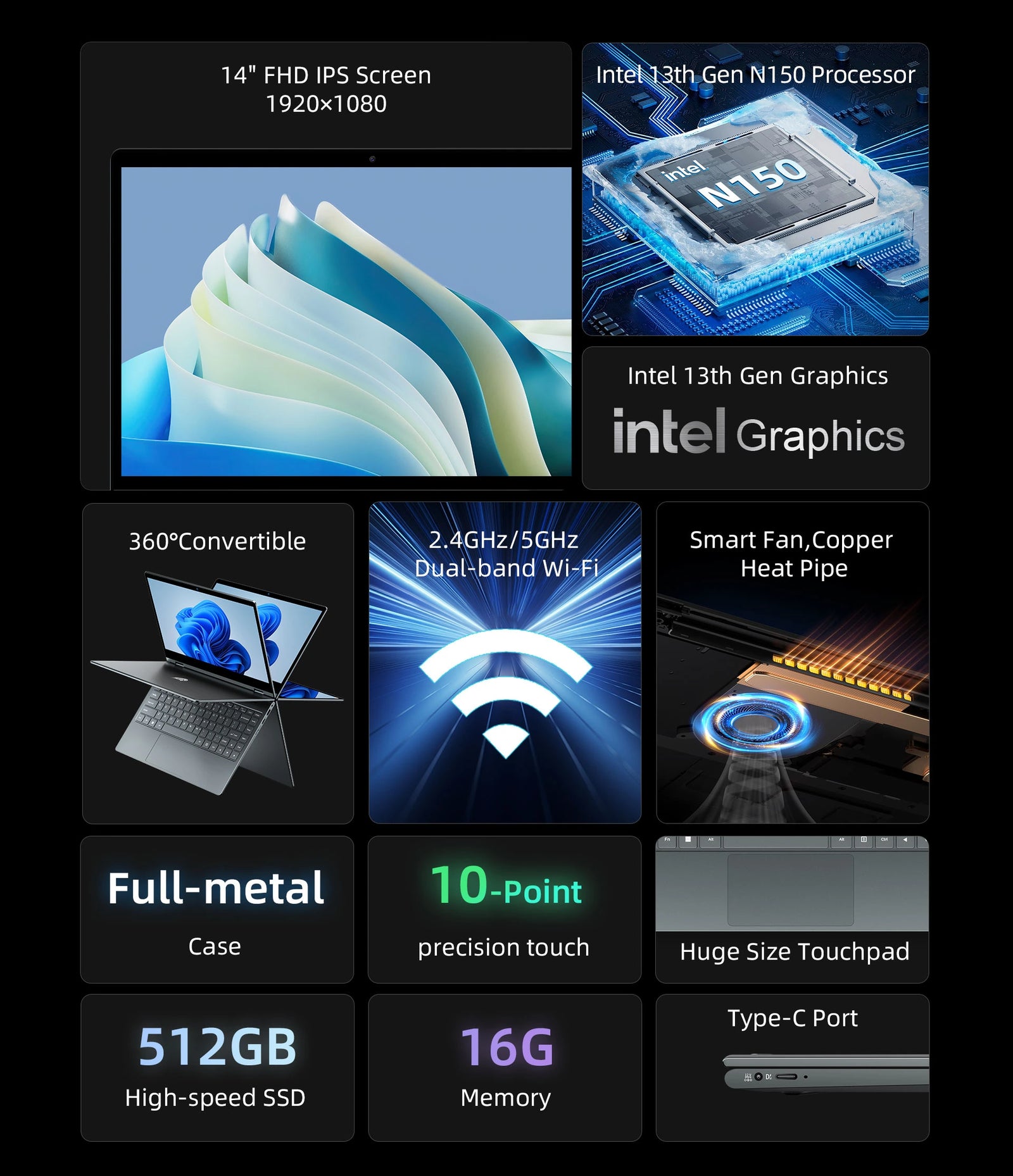 BMAX Y14 Plus Laptop | 360° Touchscreen Windows 11 Pro Notebook with Intel N150 Processor - A+ Image 2