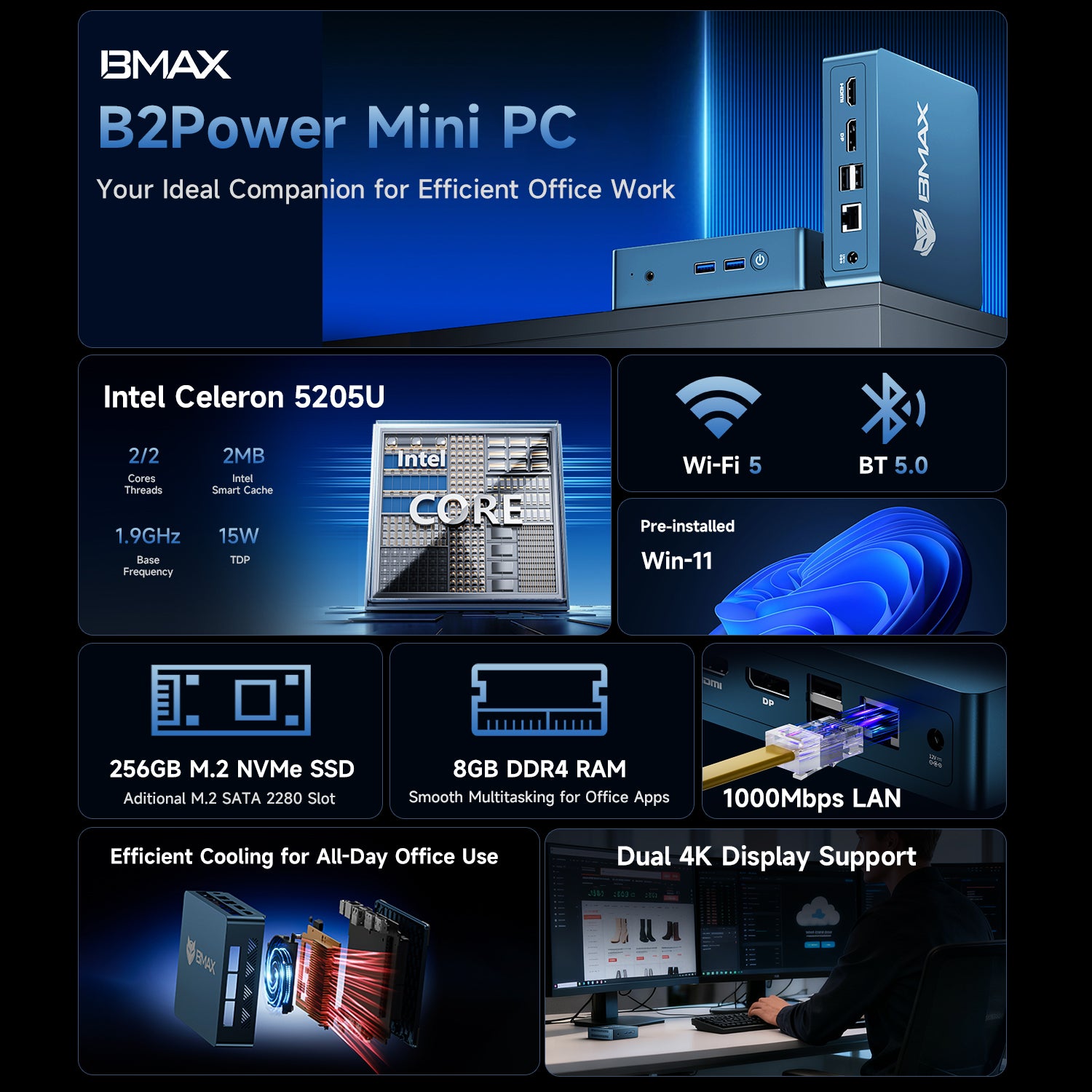 Bmax B2 Power Intel® Celeron® 5205U 8GB DDR4 RAM 256GB SSD Mini PC
