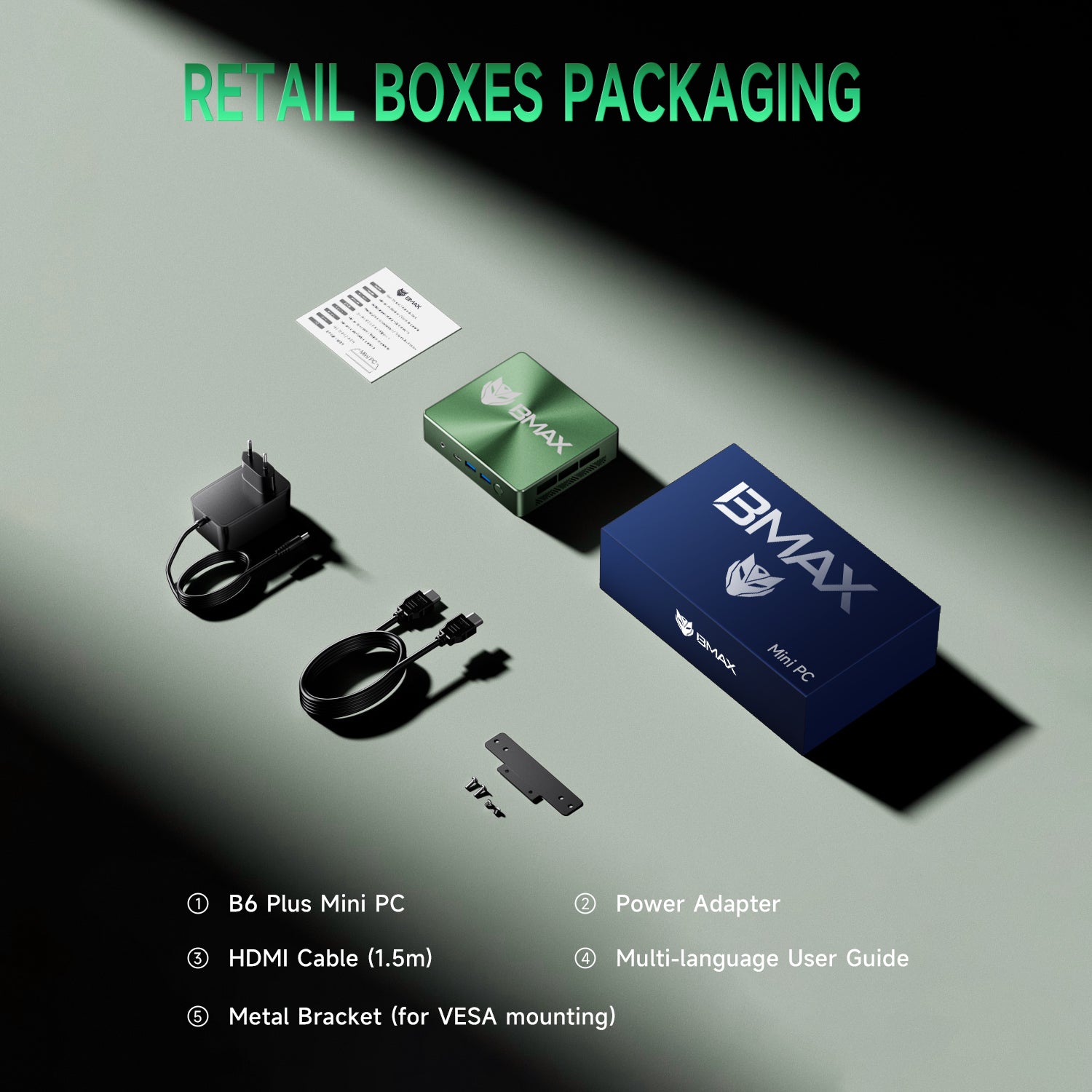 Bmax B6 Plus Box Contents with Power Adapter and HDMI Cable