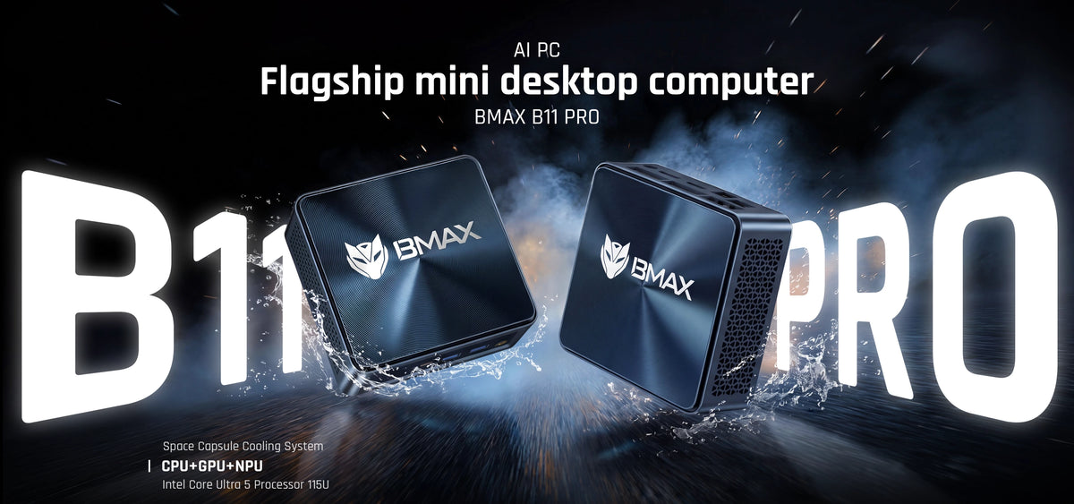 BMAX B11 PRO AI PC flagship mini desktop computer homepage banner featuring Intel Core Ultra 5 processor with CPU GPU and NPU architecture.