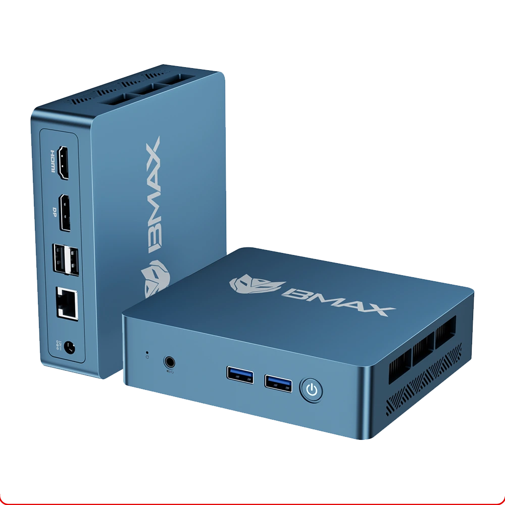 BMAX B2 Power Mini PC powered by Intel Celeron 5205U, 8GB RAM, 256GB SSD, and dual 4K display support via HDMI and DP.