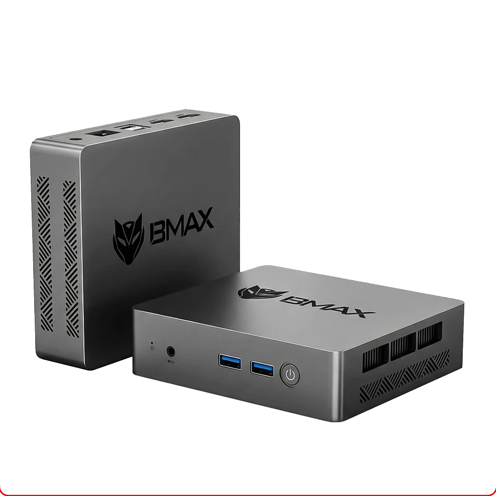 BMAX B3 Pro Mini PC featuring Intel Celeron N4500, 8GB LPDDR4 RAM, 256GB SSD, and 4K dual-display support via dual HDMI 2.0.