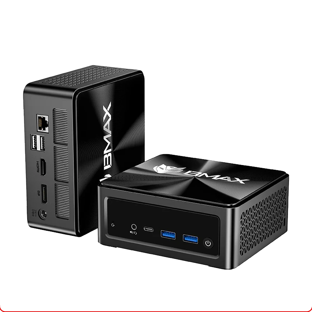 BMAX B8A Power Mini PC with AMD Ryzen 7 PRO 8845HS, 32GB DDR5 RAM, 1TB PCIe 4.0 SSD, Radeon 780M, and triple 4K display support.