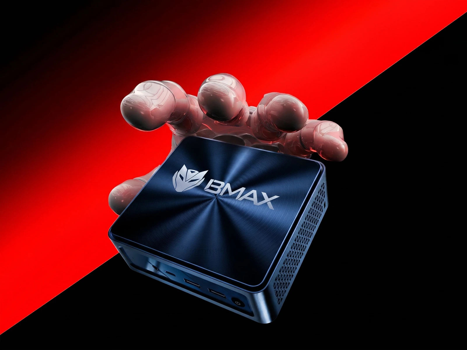 BMAX brand concept showcase highlighting extreme performance and specifications with a futuristic tech design featuring a mini PC.