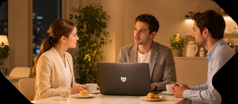 BMAX laptop use case for business collaboration and teamwork, showing colleagues discussing projects around a table with a sleek notebook open.
