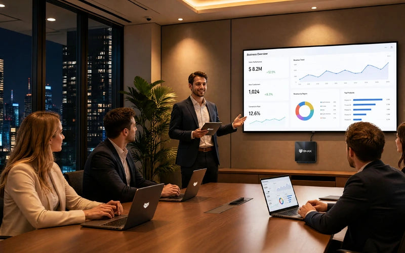 BMAX mini PC, laptop, and tablet use case in a modern business conference room, showcasing a smart multi-device ecosystem for corporate presentations and team collaboration.