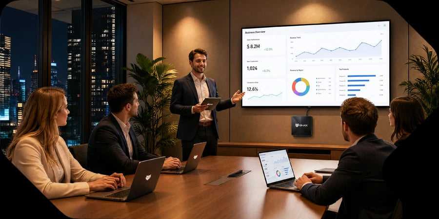 BMAX mini PC, laptop, and tablet use case in a modern business conference room, showcasing a smart multi-device ecosystem for corporate presentations and team collaboration.