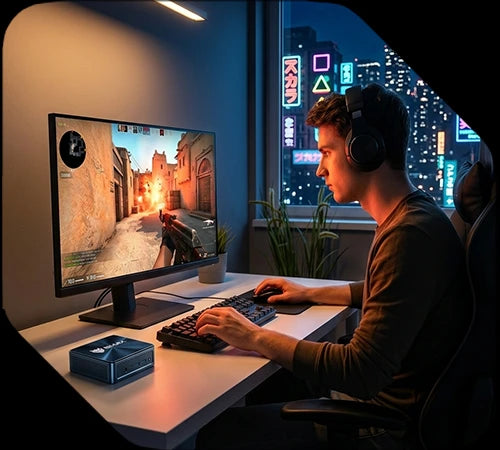 BMAX mini PC use case for PC gaming, featuring a gamer with headphones playing an FPS game with a compact desktop mini computer.
