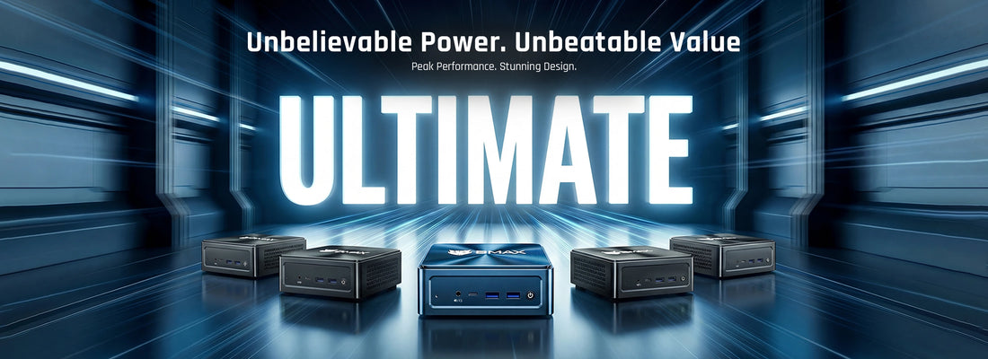 BMAX Mini PC product line flagship banner featuring multiple compact computers in a futuristic sci-fi space setup, highlighting peak performance and ultimate value.