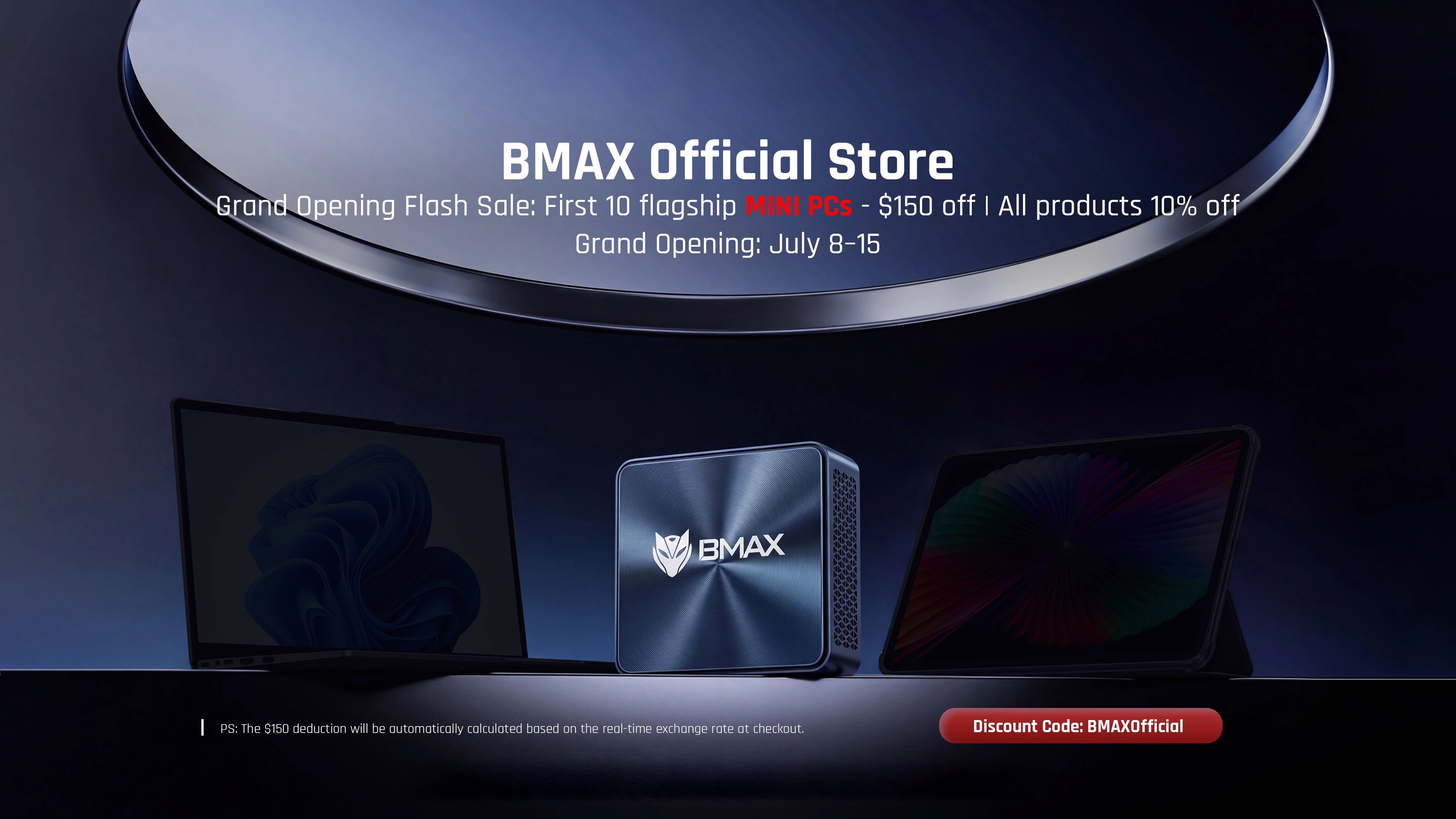 BMAX Official Store grand opening flash sale banner presenting flagship mini PCs, laptops, and tablets with special discount code promotions.