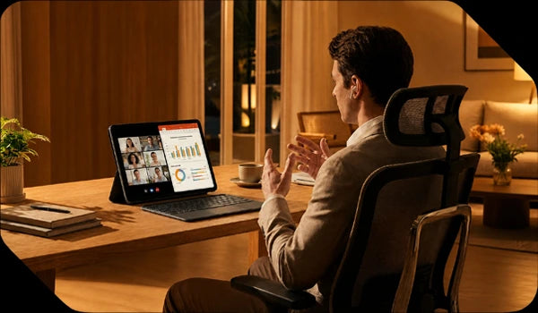 BMAX tablet use case for remote work and online video conferencing, showing a professional using split-screen multitasking with a keyboard setup.