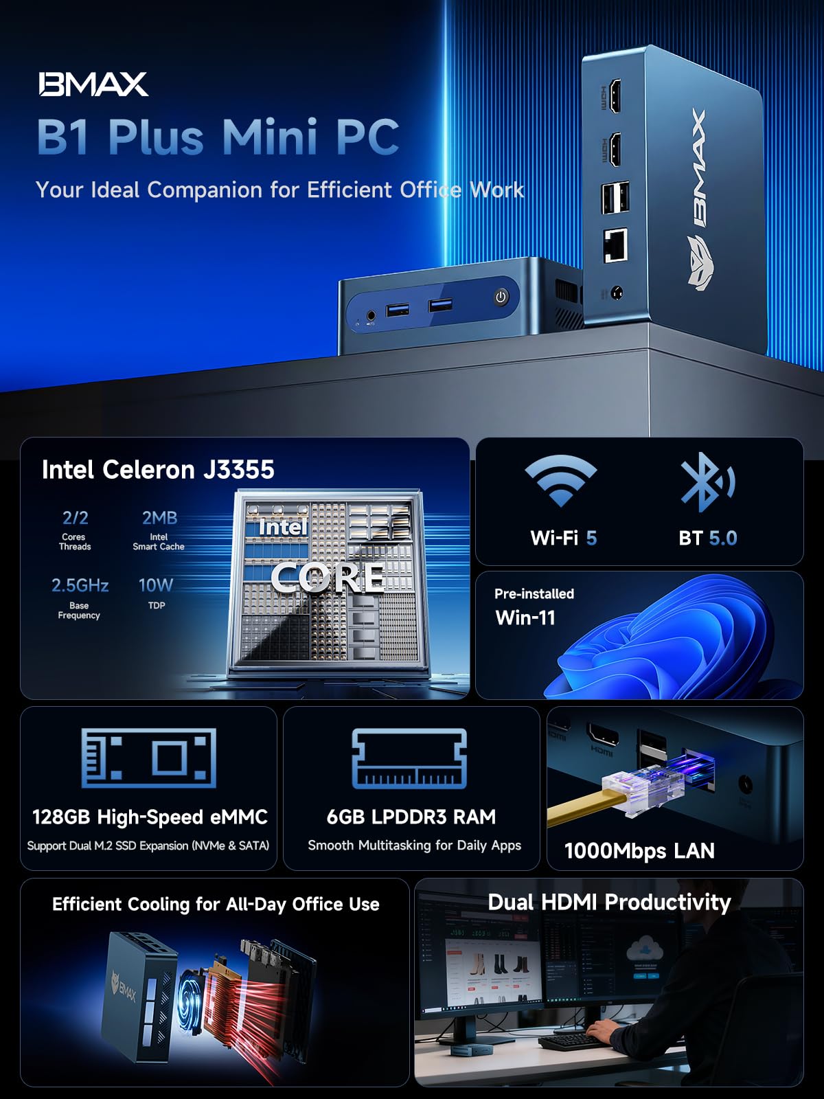 Bmax Mini PC B1 Plus,Intel Celeron J3355 (Up to 2.5GHz),6GB RAM 128GB eMMC Support M.2 SSD Expansion (512GB/2TB),4K Dual Display 2.4G/5G WiFi & BT5.0 Mini Desktop Computer for Home/Office